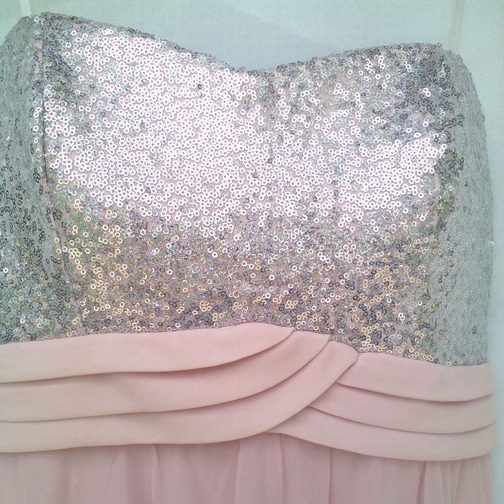 Formal Strapless Pink Sequin Full length Chiffon Gown Dress My Michelle Flowy - Picture 3 of 8